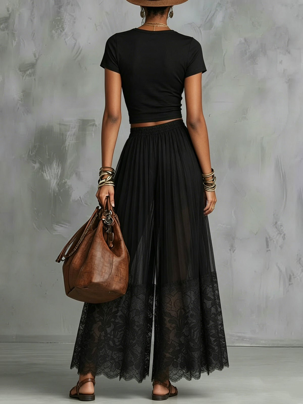 Black Lace-Trim Wide-Leg Pants Two-Piece Set