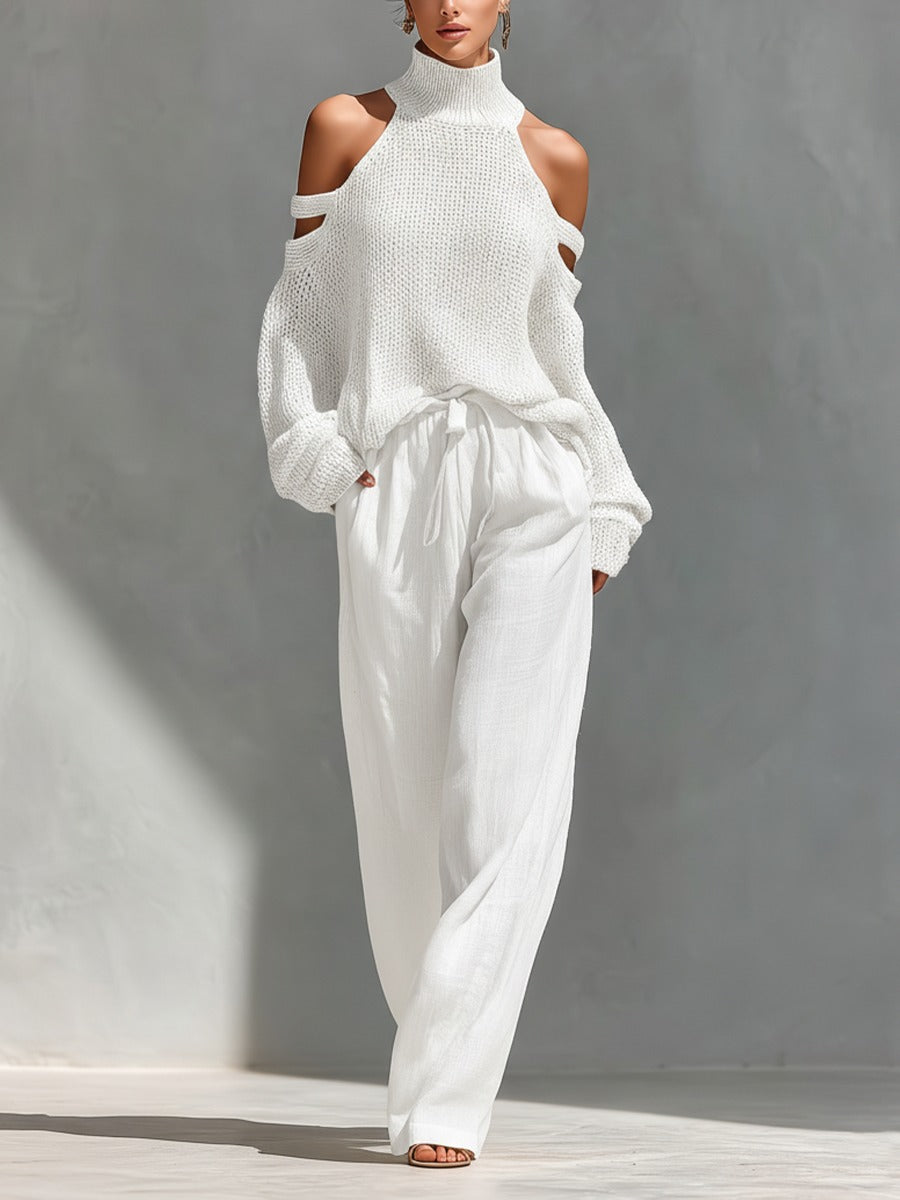 Ensemble Ivoire — Pull Col Roulé Épaules Nues et Pantalon Large
