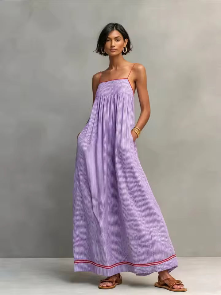 Robe Maxi Bleue — Rayures Bretelles Fines Bordure Rouge