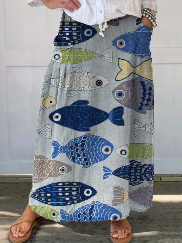 Pearl — Jupe Imprimé Artistique Poissons à Poches