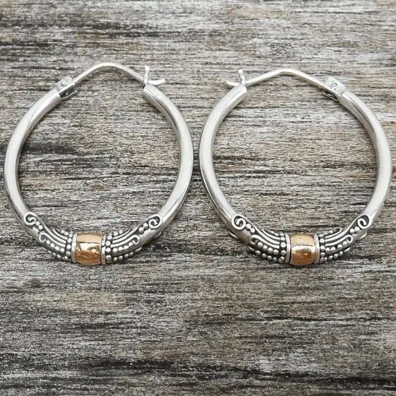 Boucles d'Oreilles Créoles Vintage Argent Motifs Sculptés