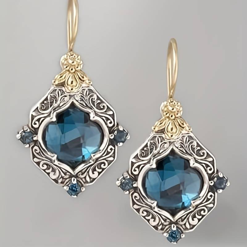 Boucles d'Oreilles Cristal Bleu Vintage Dorées et Argentées