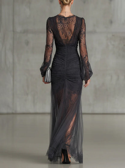 Robe Maxi Noire — Dentelle Transparente Manches Longues Fente