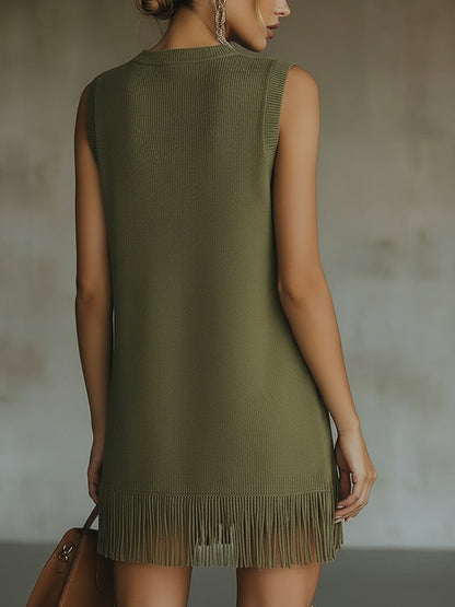 Robe Mini Vert Olive — Tricot Sans Manches Franges
