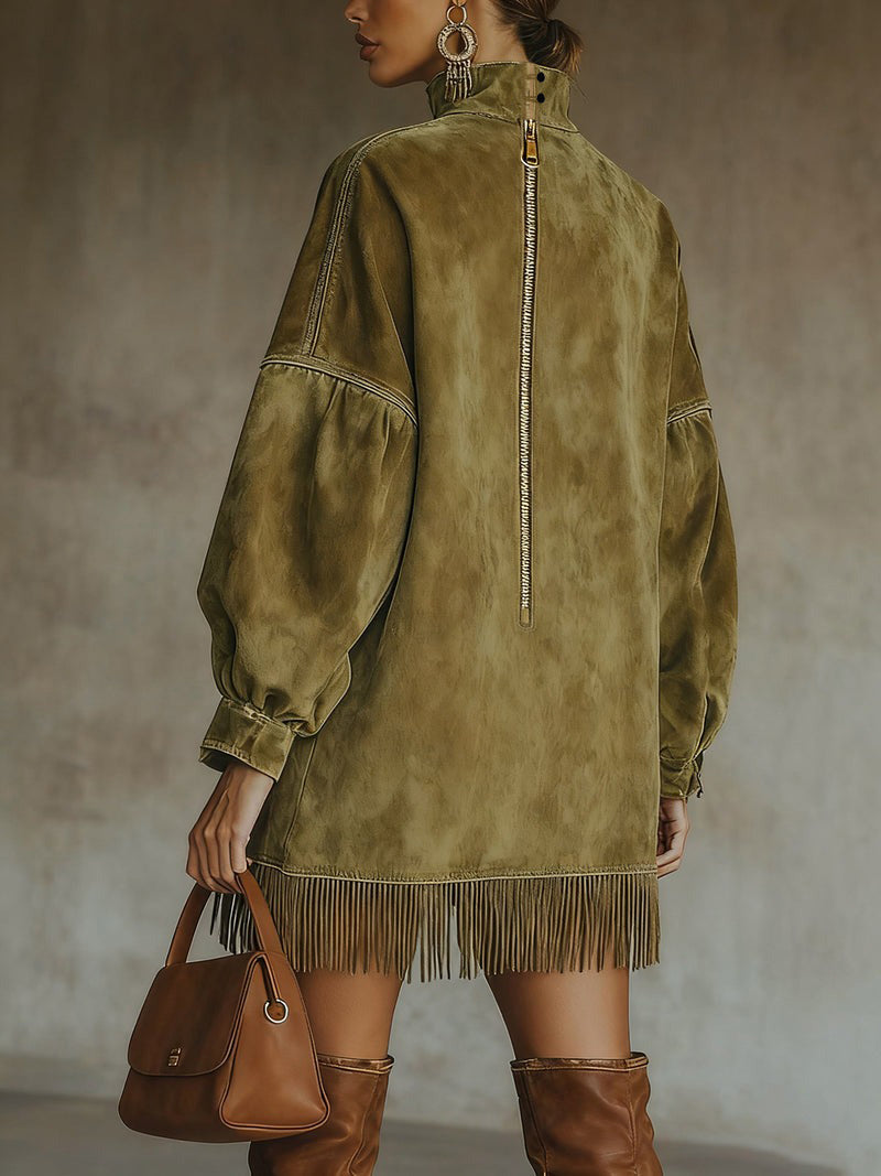 Robe Mini Olive — Daim Col Roulé Franges