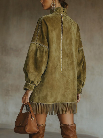 Robe Mini Olive — Daim Col Roulé Franges