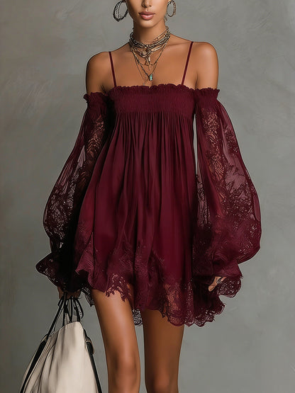 Robe Mini Marine — Dentelle Chiffon Épaules Nues