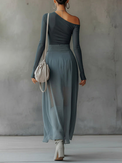 Robe Maxi Bleue — Épaules Nues Chiffon Fente