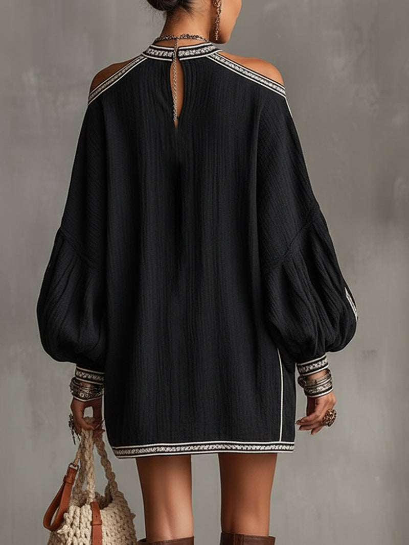 Robe Mini Noire — Lin Boho Épaules Froides Manches Lanterne
