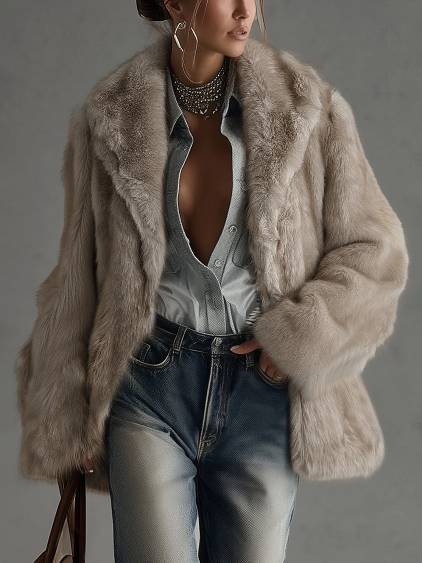 Manteau Taupe — Fausse Fourrure Oversize Manches Longues
