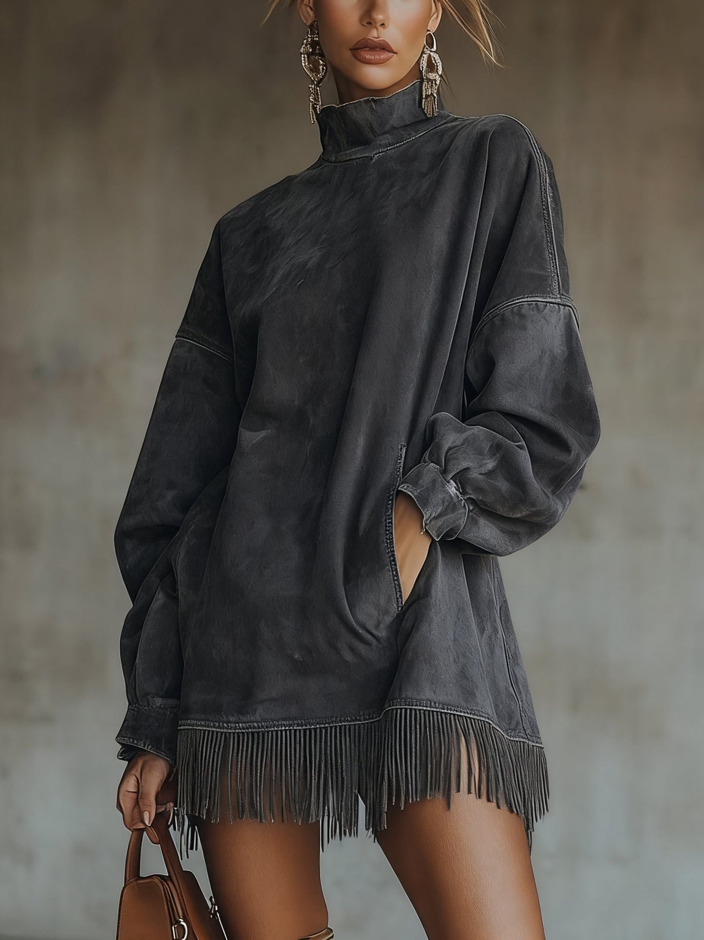 Robe Mini Olive — Daim Col Roulé Franges