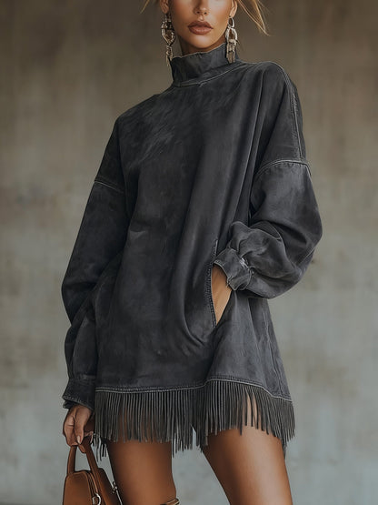 Robe Mini Olive — Daim Col Roulé Franges