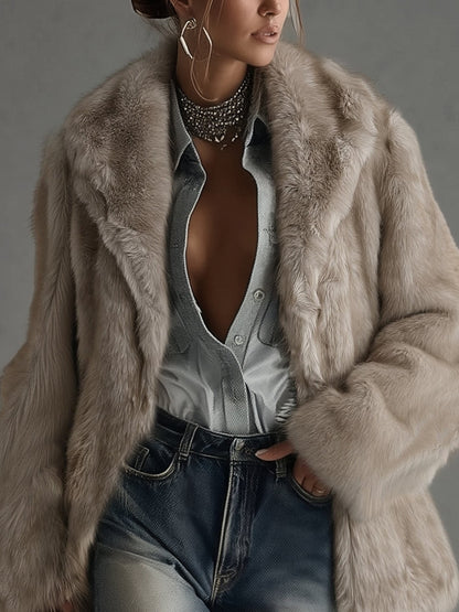 Manteau Taupe — Fausse Fourrure Oversize Manches Longues