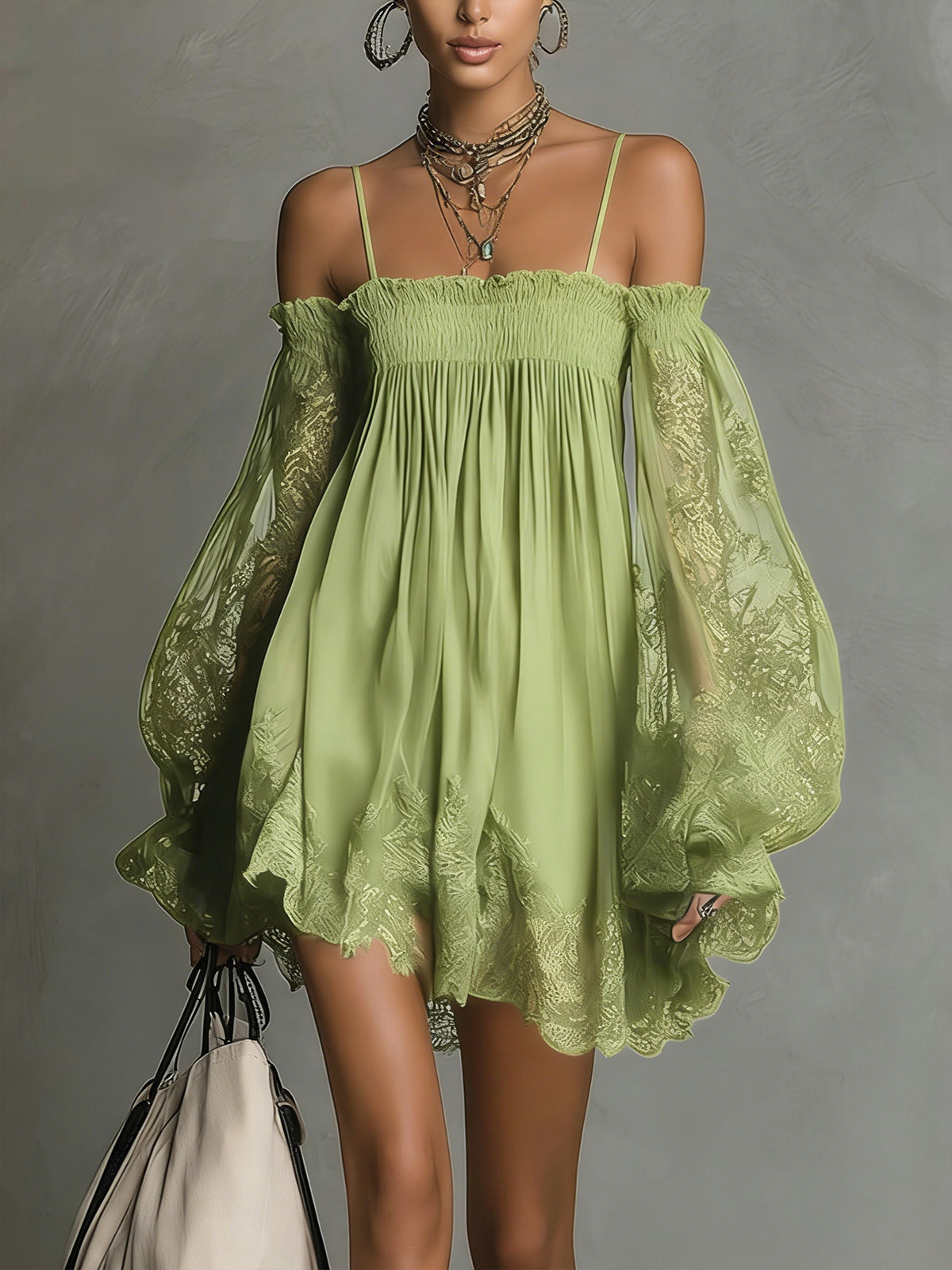 Robe Mini Marine — Dentelle Chiffon Épaules Nues