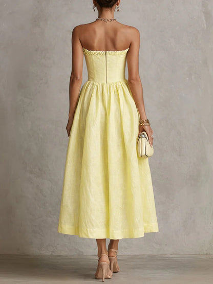 Robe Midi Jaune — Bustier Fleurs Appliquées Sans Bretelles