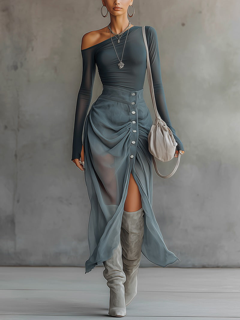 Robe Maxi Bleue — Épaules Nues Chiffon Fente