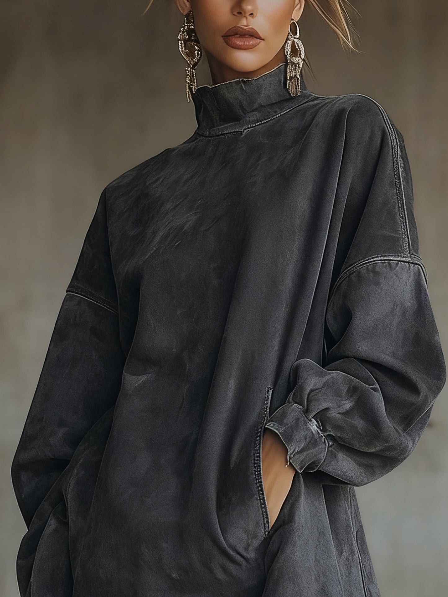 Robe Mini Olive — Daim Col Roulé Franges