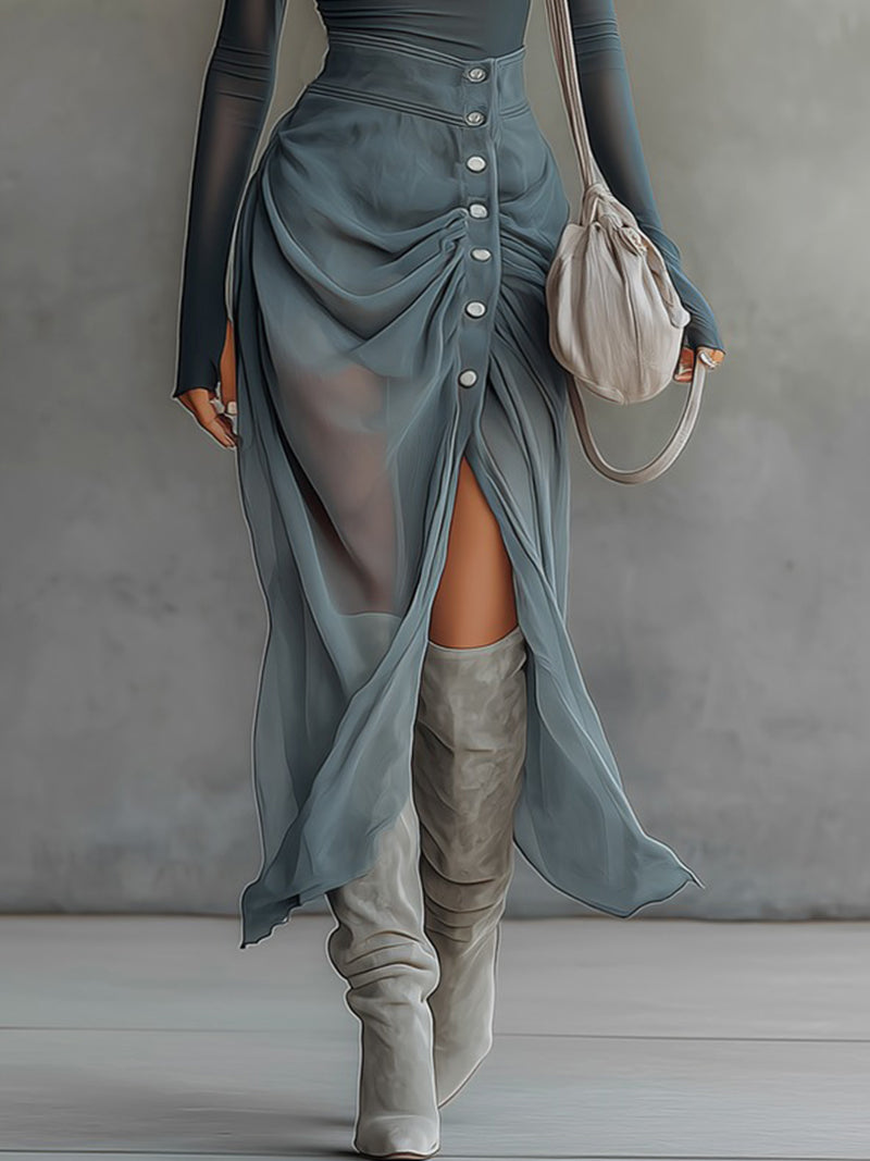 Robe Maxi Bleue — Épaules Nues Chiffon Fente