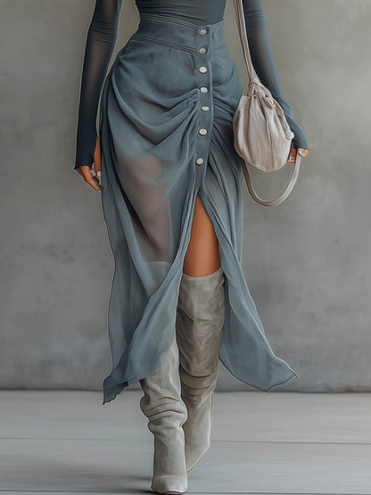 Robe Maxi Bleue — Épaules Nues Chiffon Fente