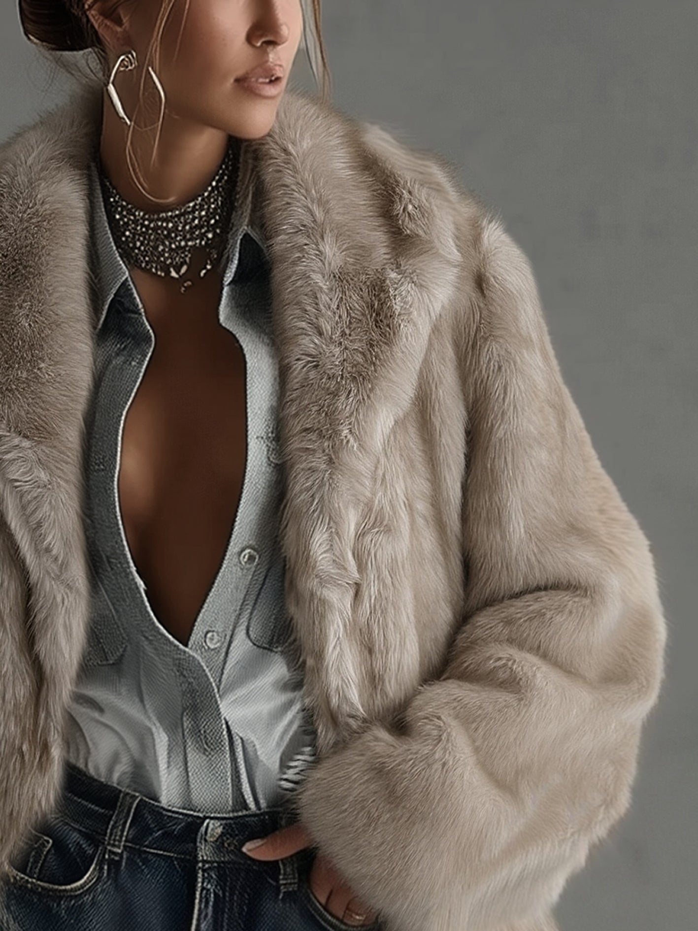 Manteau Taupe — Fausse Fourrure Oversize Manches Longues