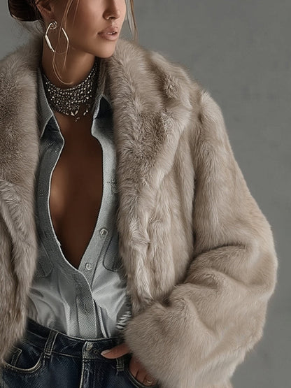 Manteau Taupe — Fausse Fourrure Oversize Manches Longues