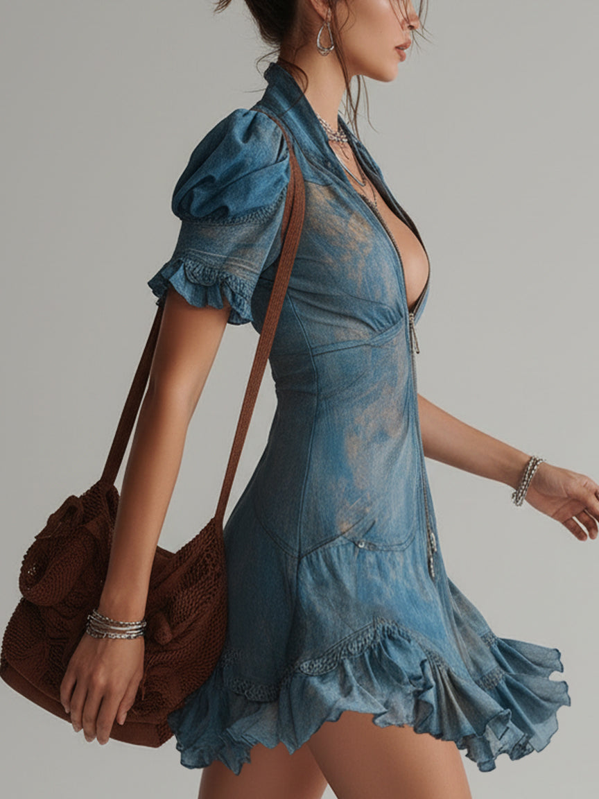 Robe Mini Bleue — Chiffon Floral Zip