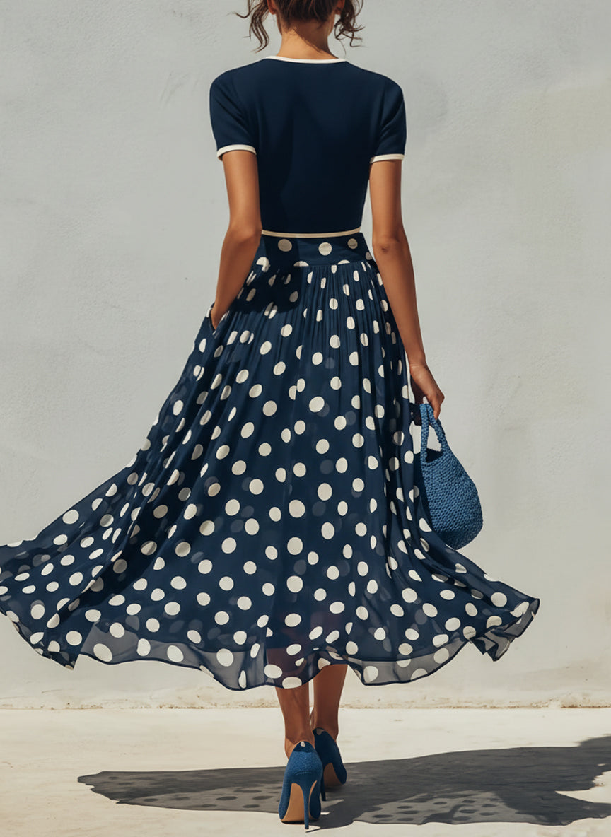 Ensemble Marine — Top Tricot et Jupe Chiffon Pois