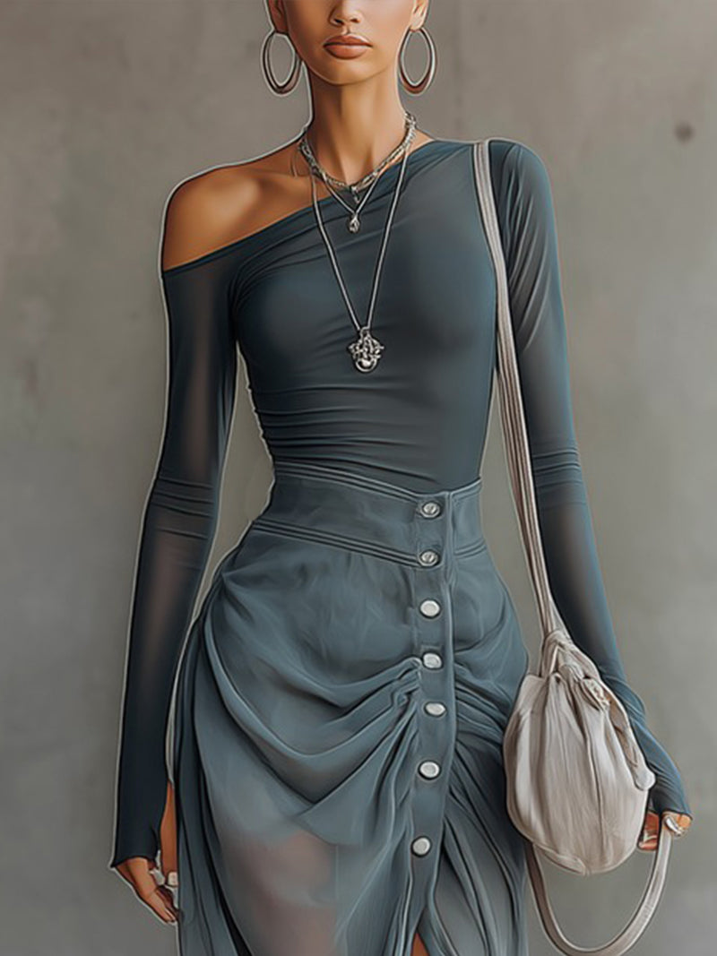 Robe Maxi Bleue — Épaules Nues Chiffon Fente