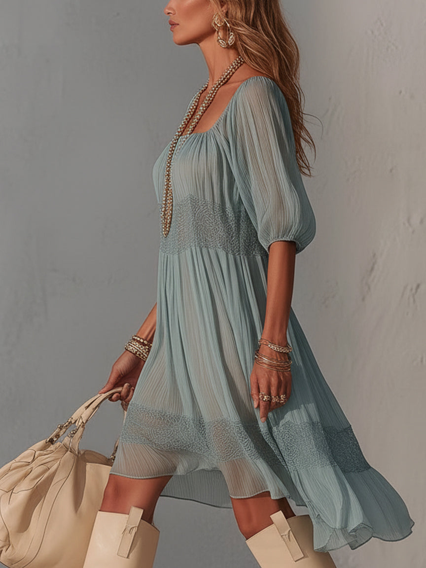 Robe Midi Bleue — Chiffon Plissé Col Dentelle Zip