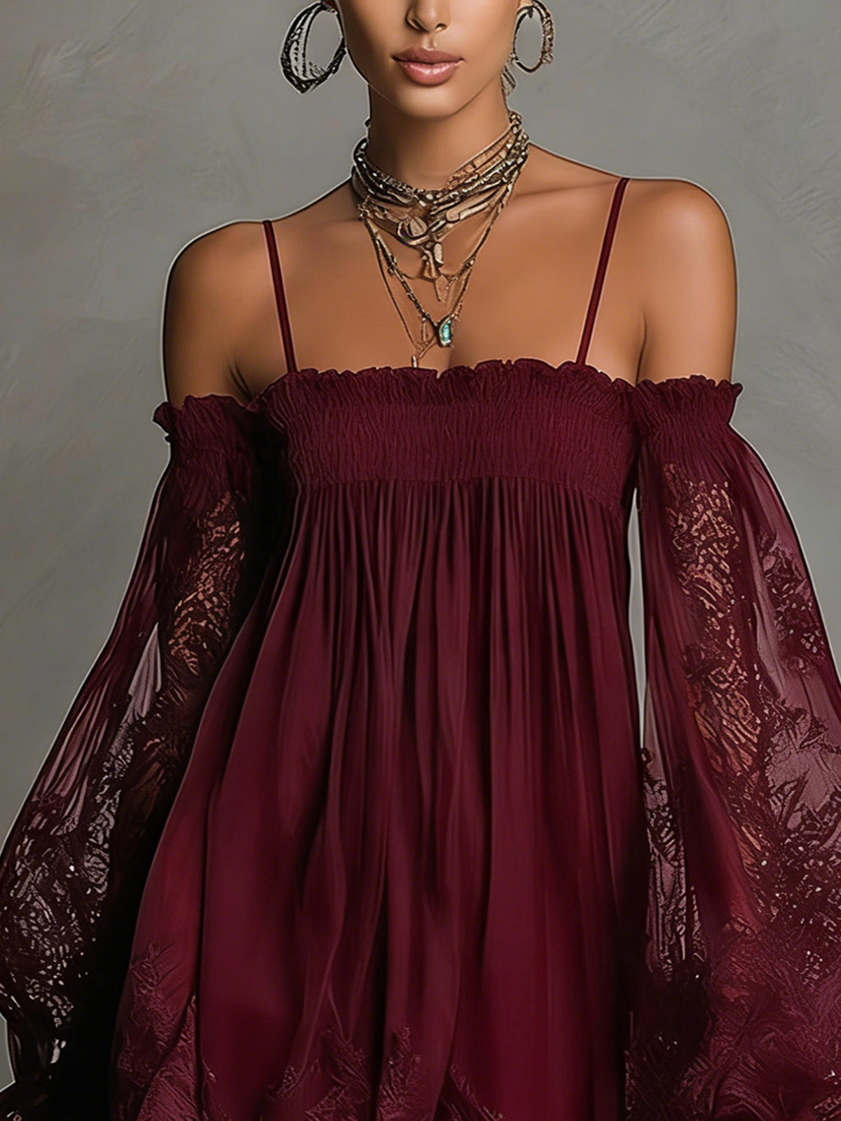 Robe Mini Marine — Dentelle Chiffon Épaules Nues