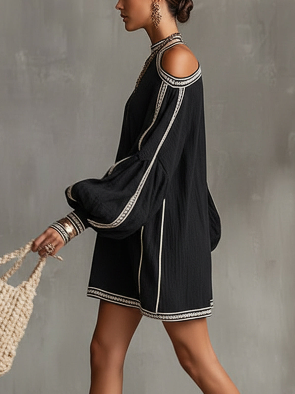 Robe Mini Noire — Lin Boho Épaules Froides Manches Lanterne