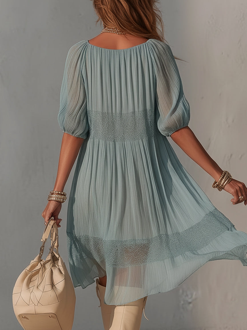 Robe Midi Bleue — Chiffon Plissé Col Dentelle Zip