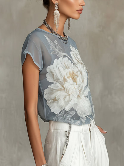 Blouse Bleue — Chiffon Fleuri Transparente