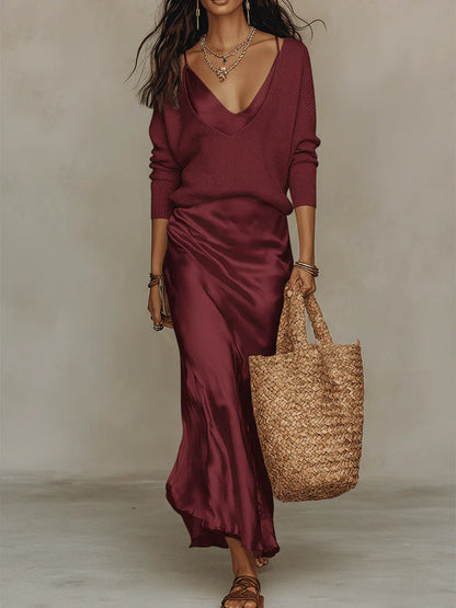 Ensemble Elena — Robe Midi Satinée et Pull Coordonné
