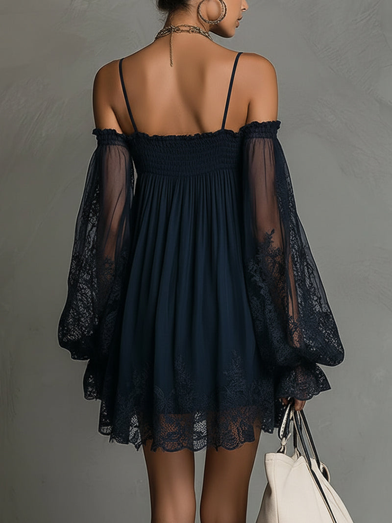 Robe Mini Marine — Dentelle Chiffon Épaules Nues