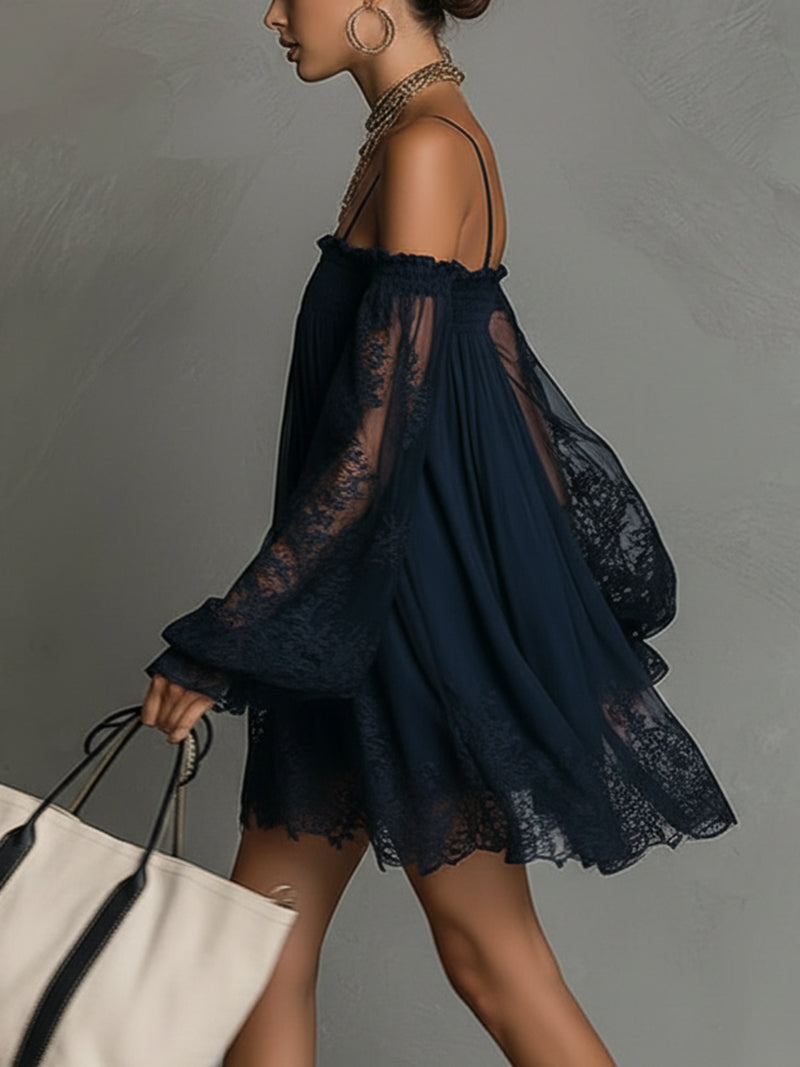 Robe Mini Marine — Dentelle Chiffon Épaules Nues