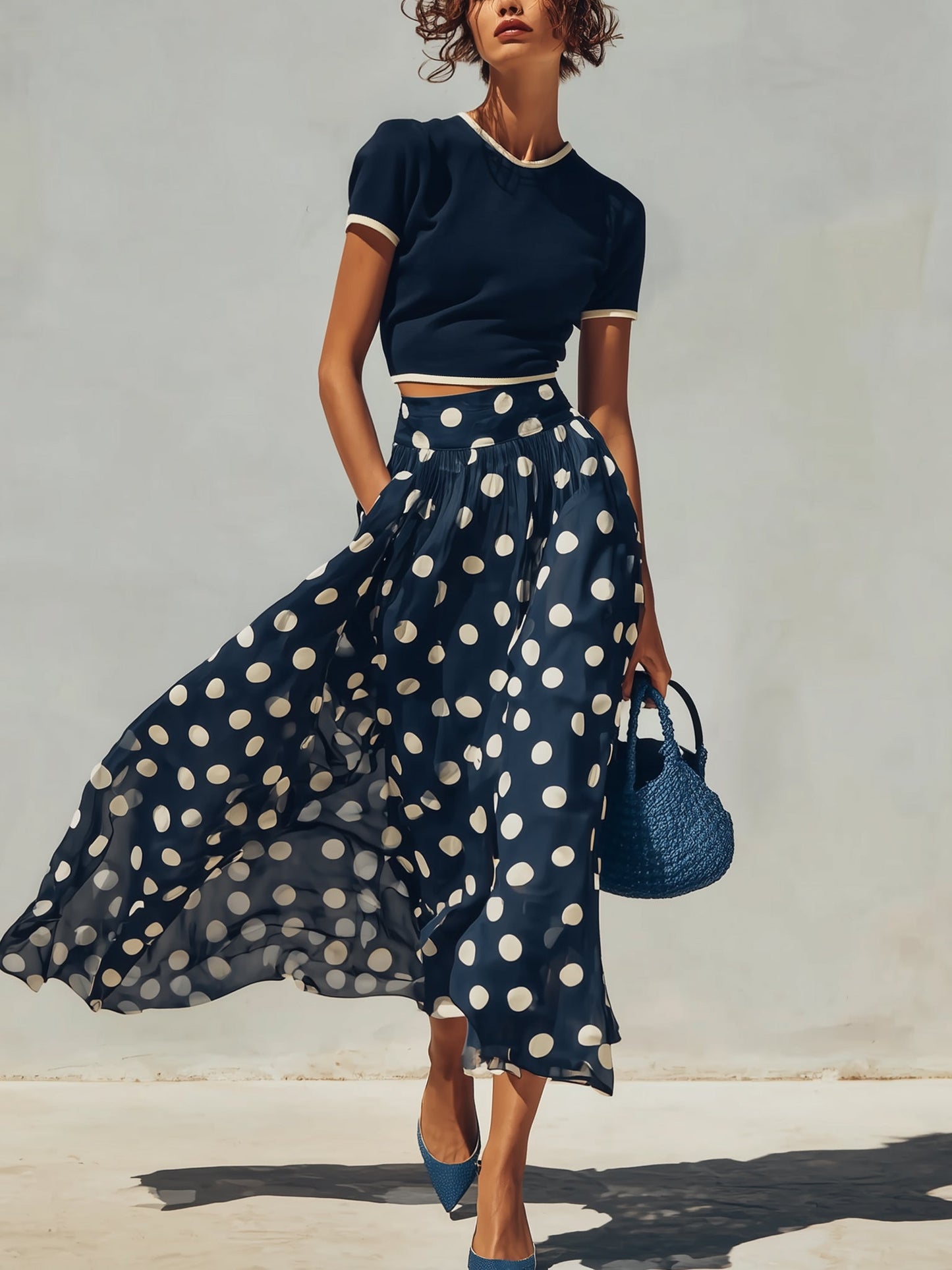 Ensemble Marine — Top Tricot et Jupe Chiffon Pois