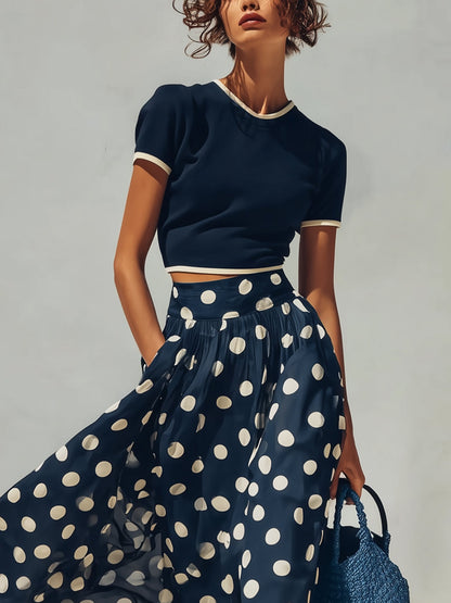 Ensemble Marine — Top Tricot et Jupe Chiffon Pois