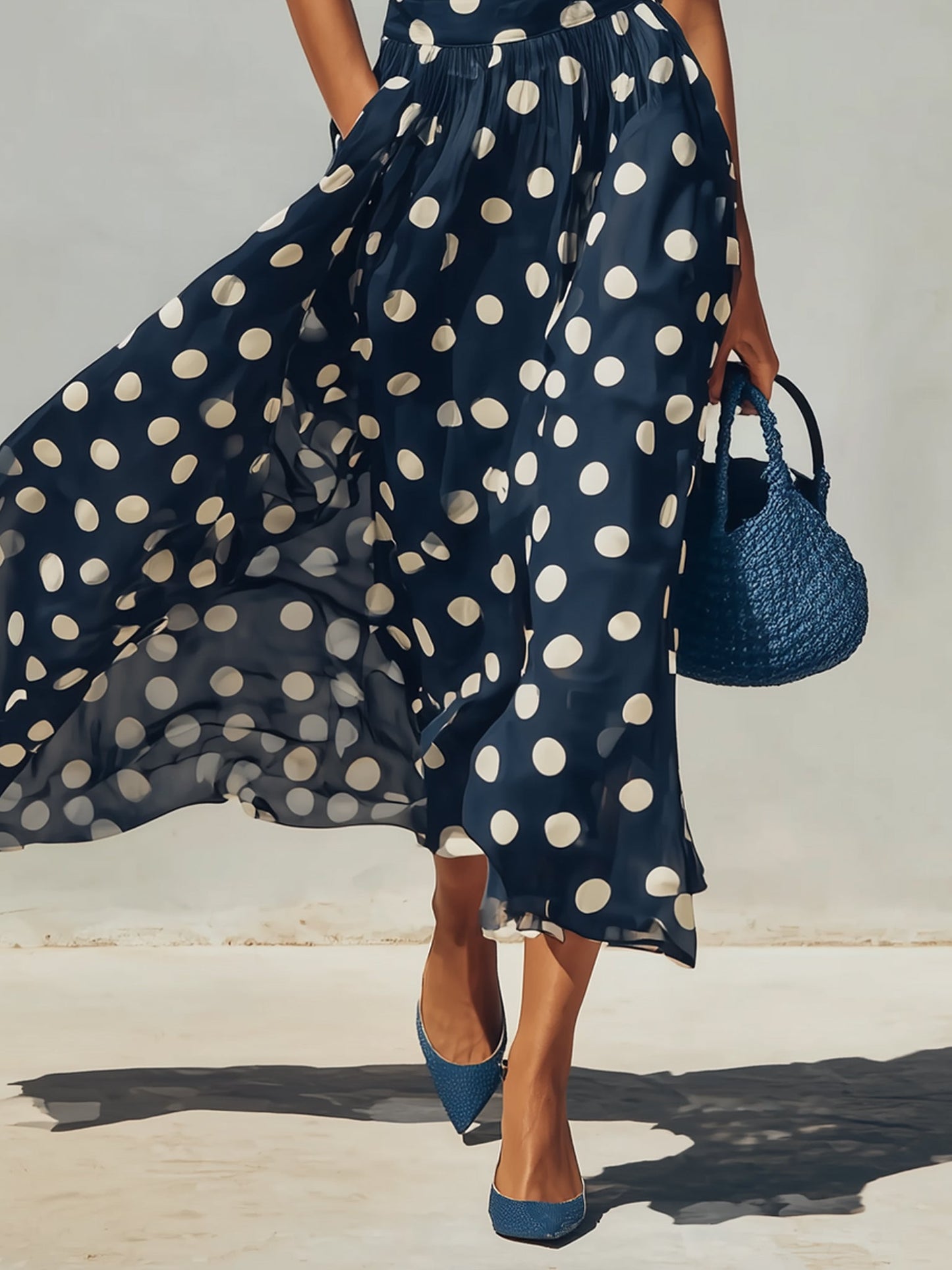 Ensemble Marine — Top Tricot et Jupe Chiffon Pois