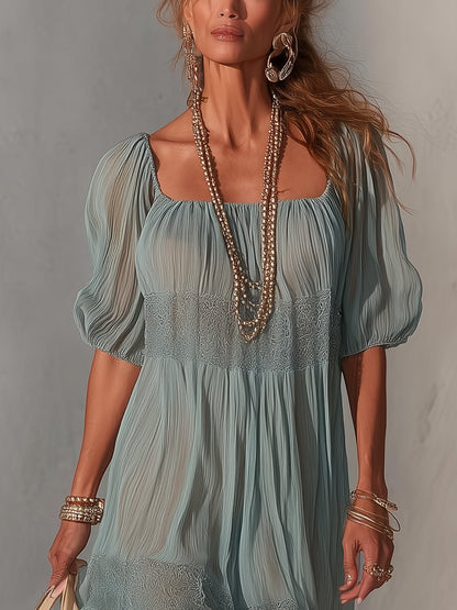 Robe Midi Bleue — Chiffon Plissé Col Dentelle Zip