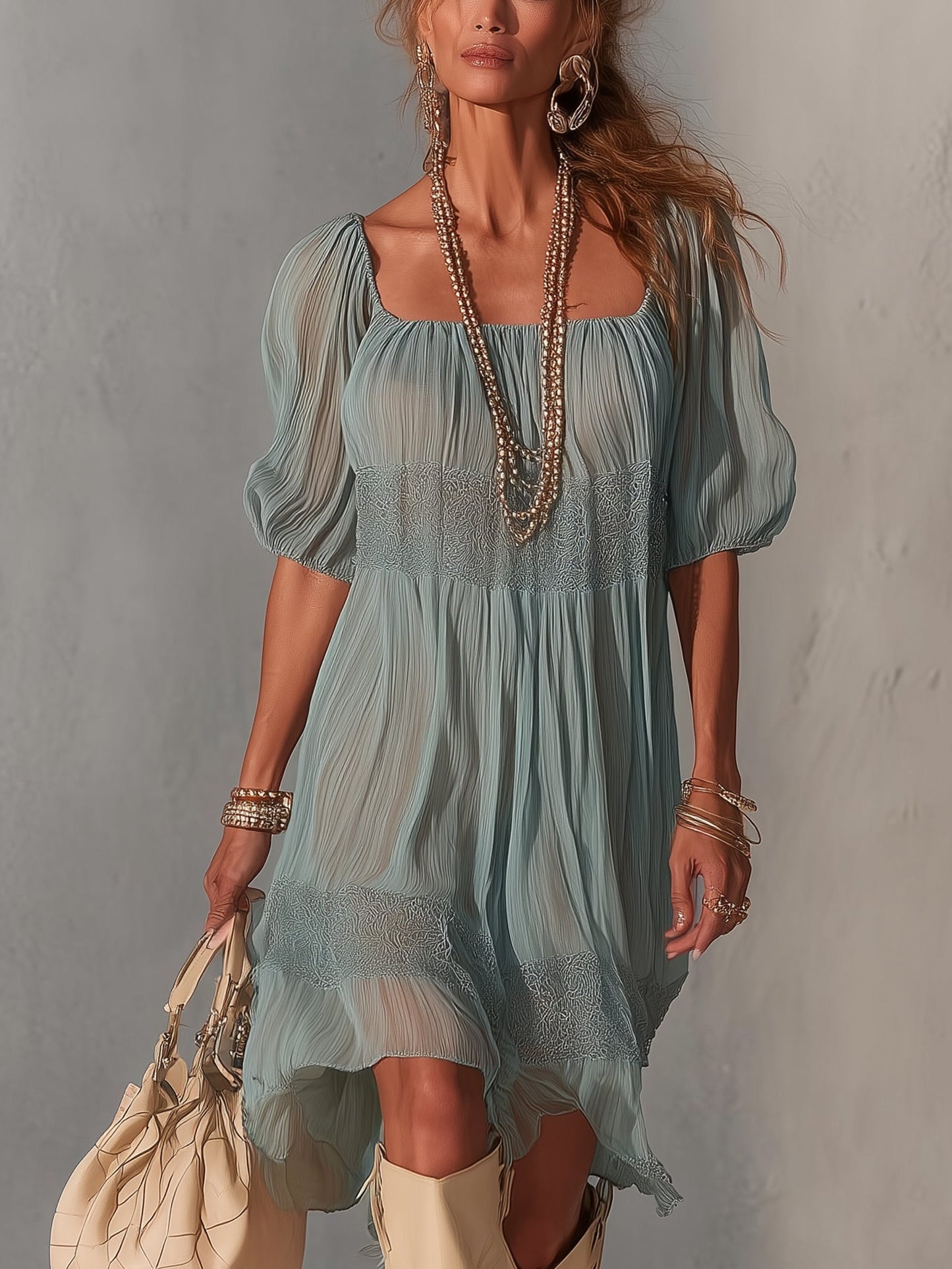 Robe Midi Bleue — Chiffon Plissé Col Dentelle Zip