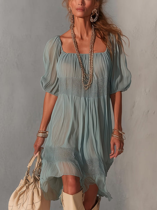 Robe Midi Bleue — Chiffon Plissé Col Dentelle Zip