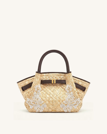 Mini sac cabas en fausse paille orné de perles Hana - Marron