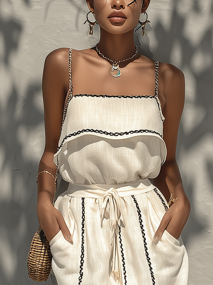 Ensemble Blanc — Lin Coton Deux Pièces Bordure Noire
