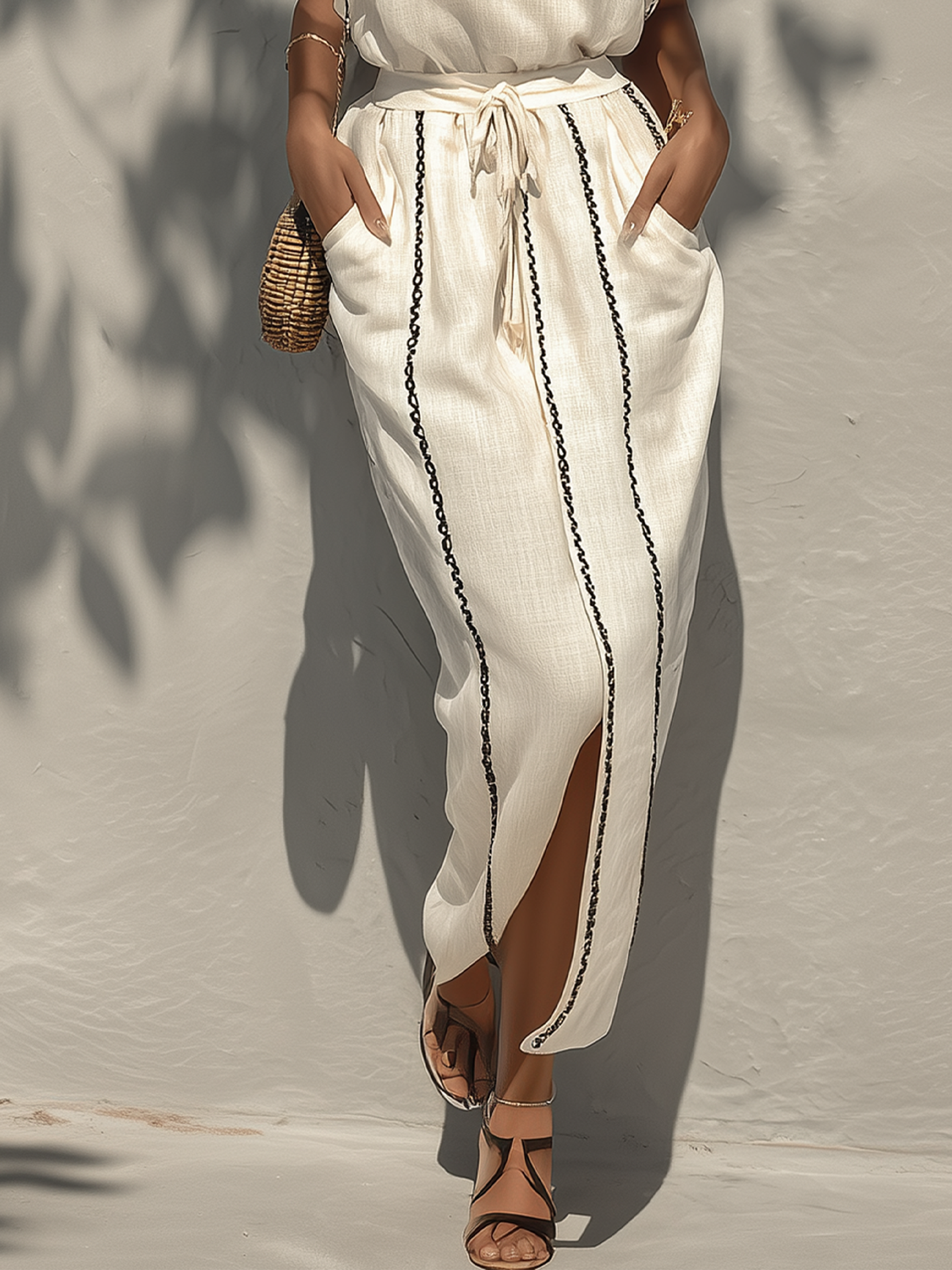 Ensemble Blanc — Lin Coton Deux Pièces Bordure Noire