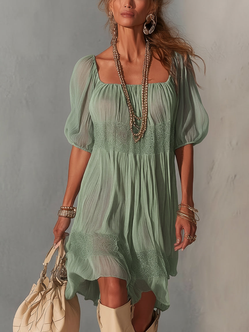 Robe Midi Bleue — Chiffon Plissé Col Dentelle Zip