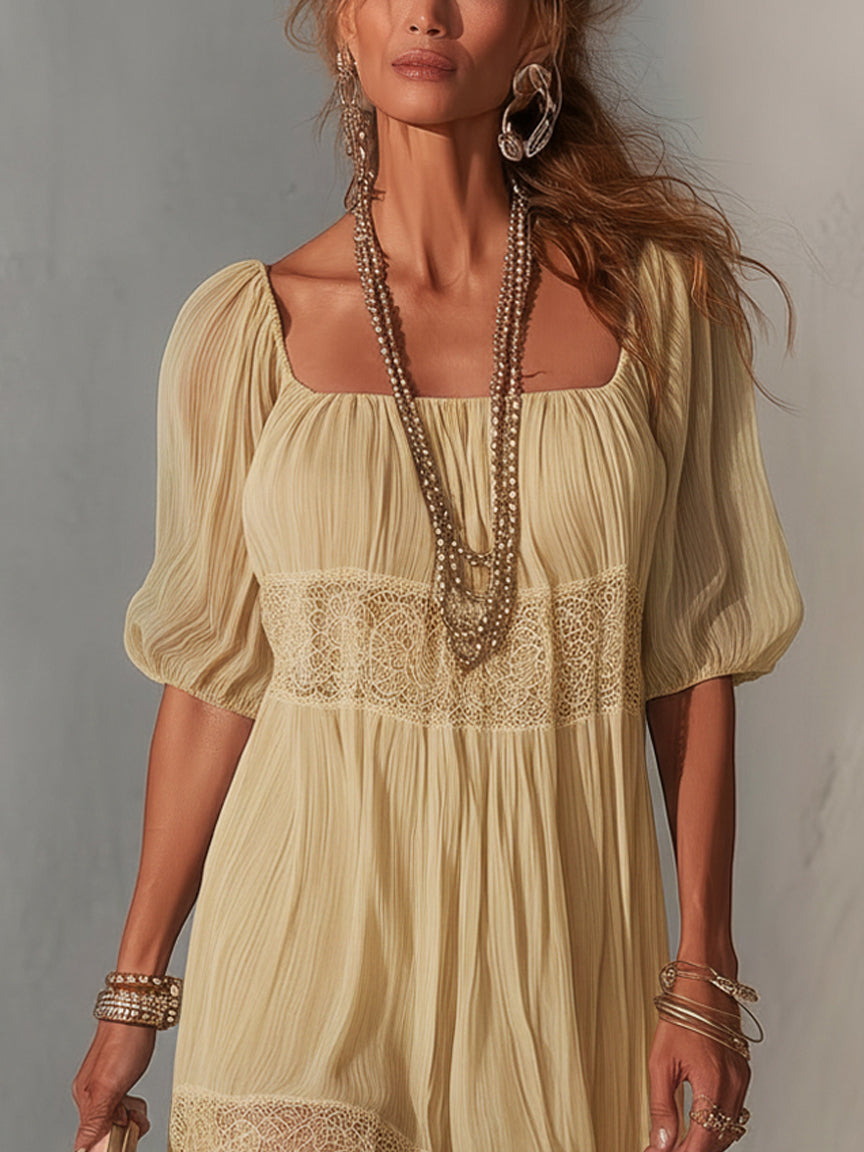Robe Midi Bleue — Chiffon Plissé Col Dentelle Zip