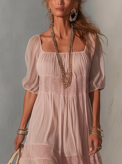 Robe Midi Bleue — Chiffon Plissé Col Dentelle Zip