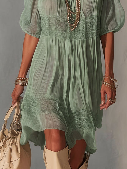 Robe Midi Bleue — Chiffon Plissé Col Dentelle Zip