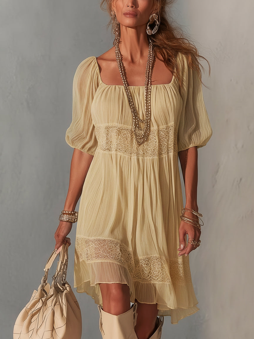 Robe Midi Bleue — Chiffon Plissé Col Dentelle Zip